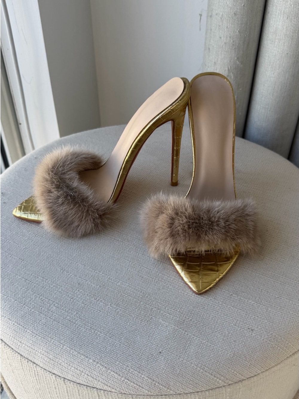 Gold Stiletto Mule with Taupe Fur Trim - Women's Luxury Slide - Picture 6 of 13
